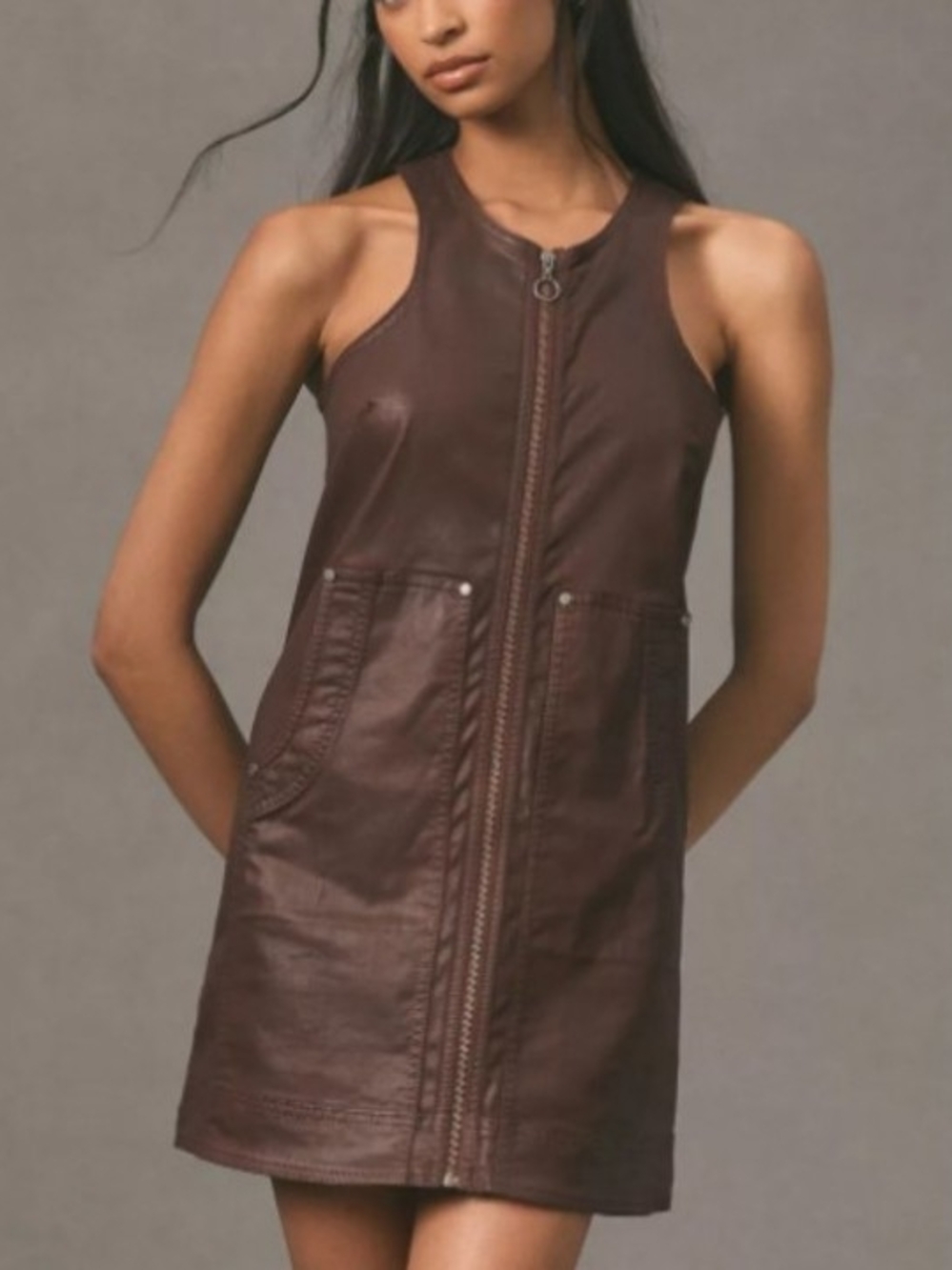Anthropolgie Pilcro Brown Sleeveless Faux  Leather Zip-Front Mini Dress, XS
